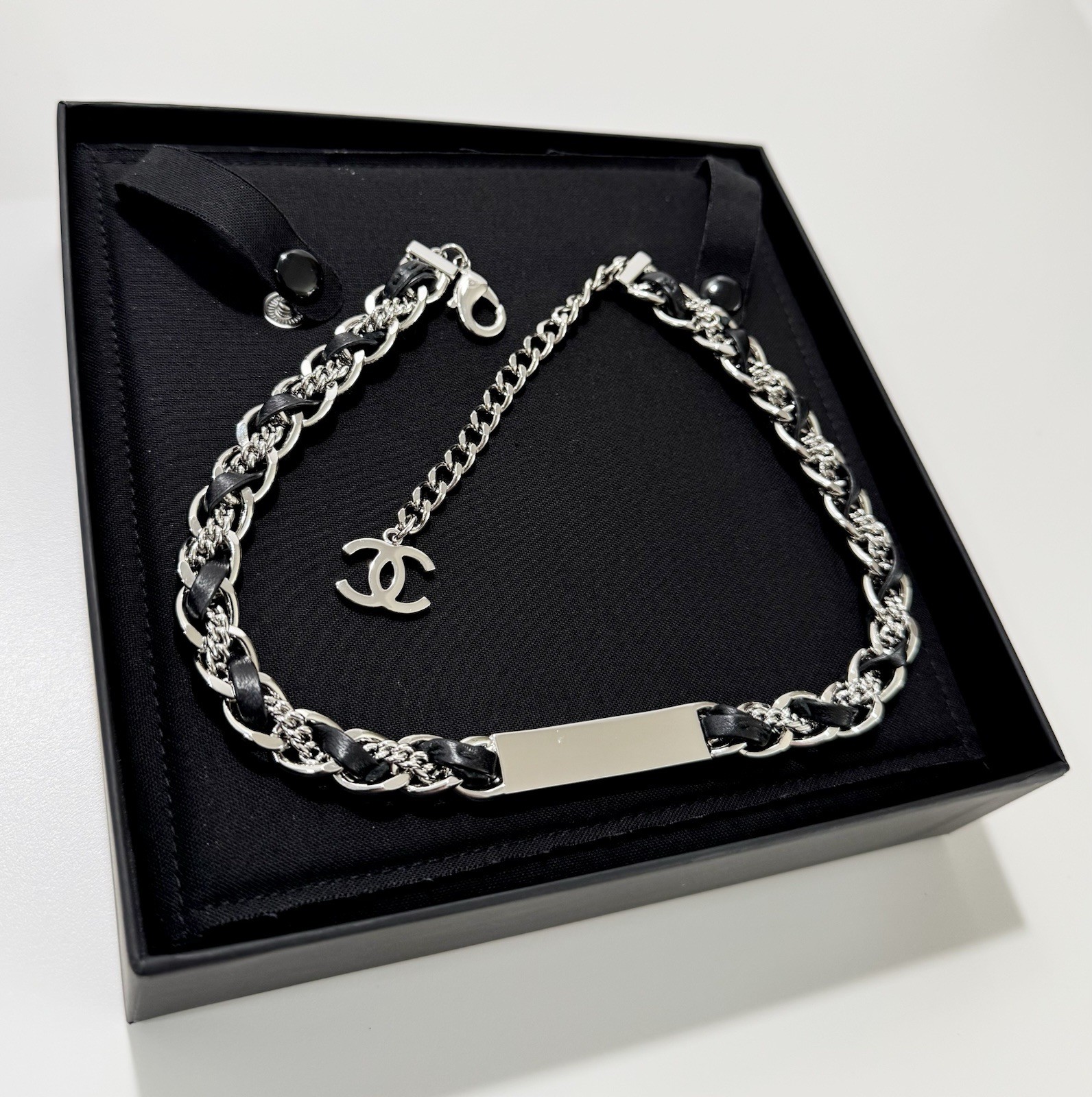Chanel Necklace Black Leather Chain Crystal CC Choker 26C Authentic W/Box NWT