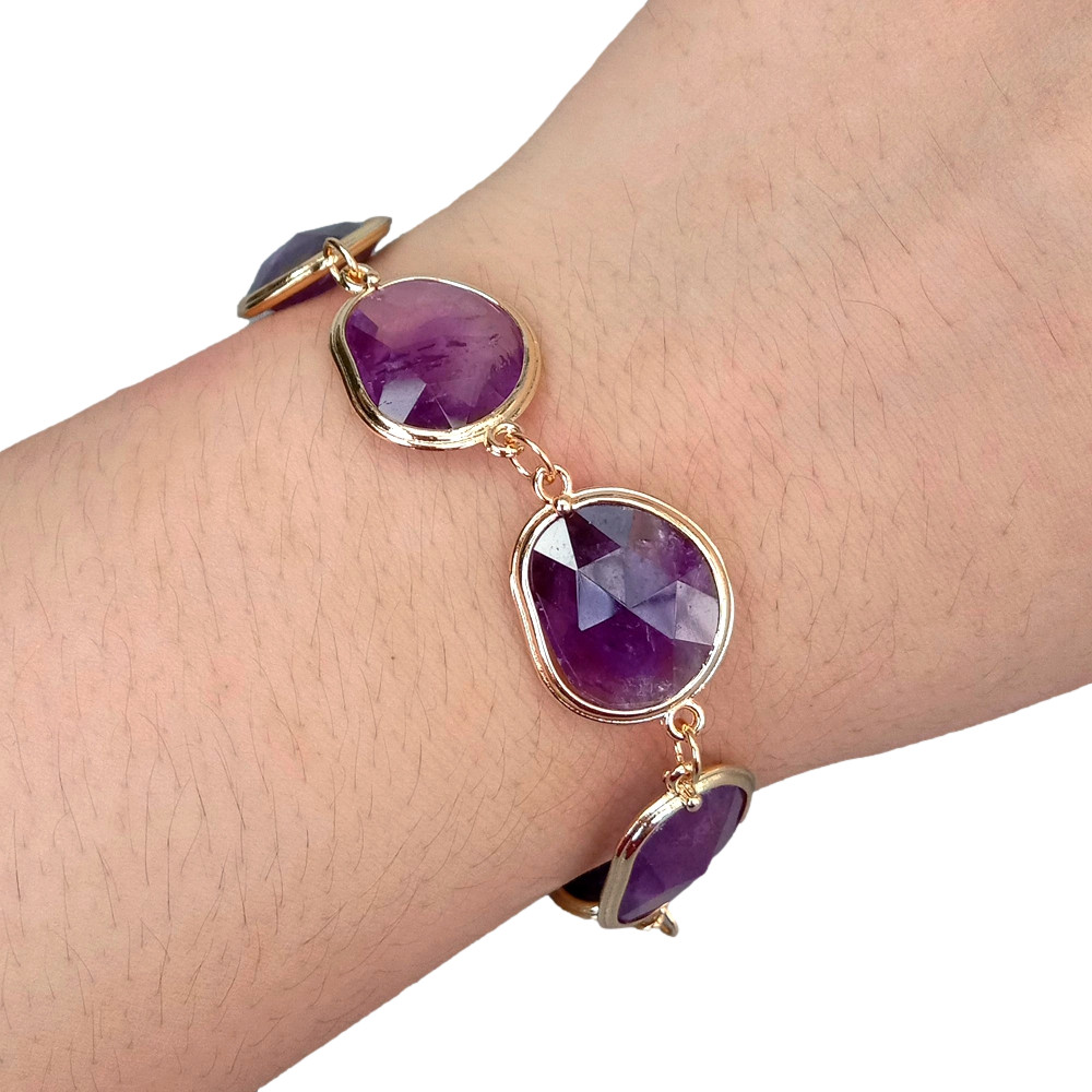 Natural Purple Amethyst Bezel Set Beaded Bracelet For Holiday Jewelry