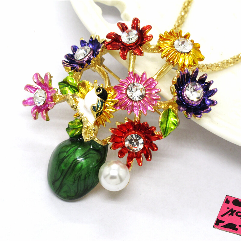 New Fashion Women Colorful Enamel Cute Flower Vase Crystal Pendant Necklace