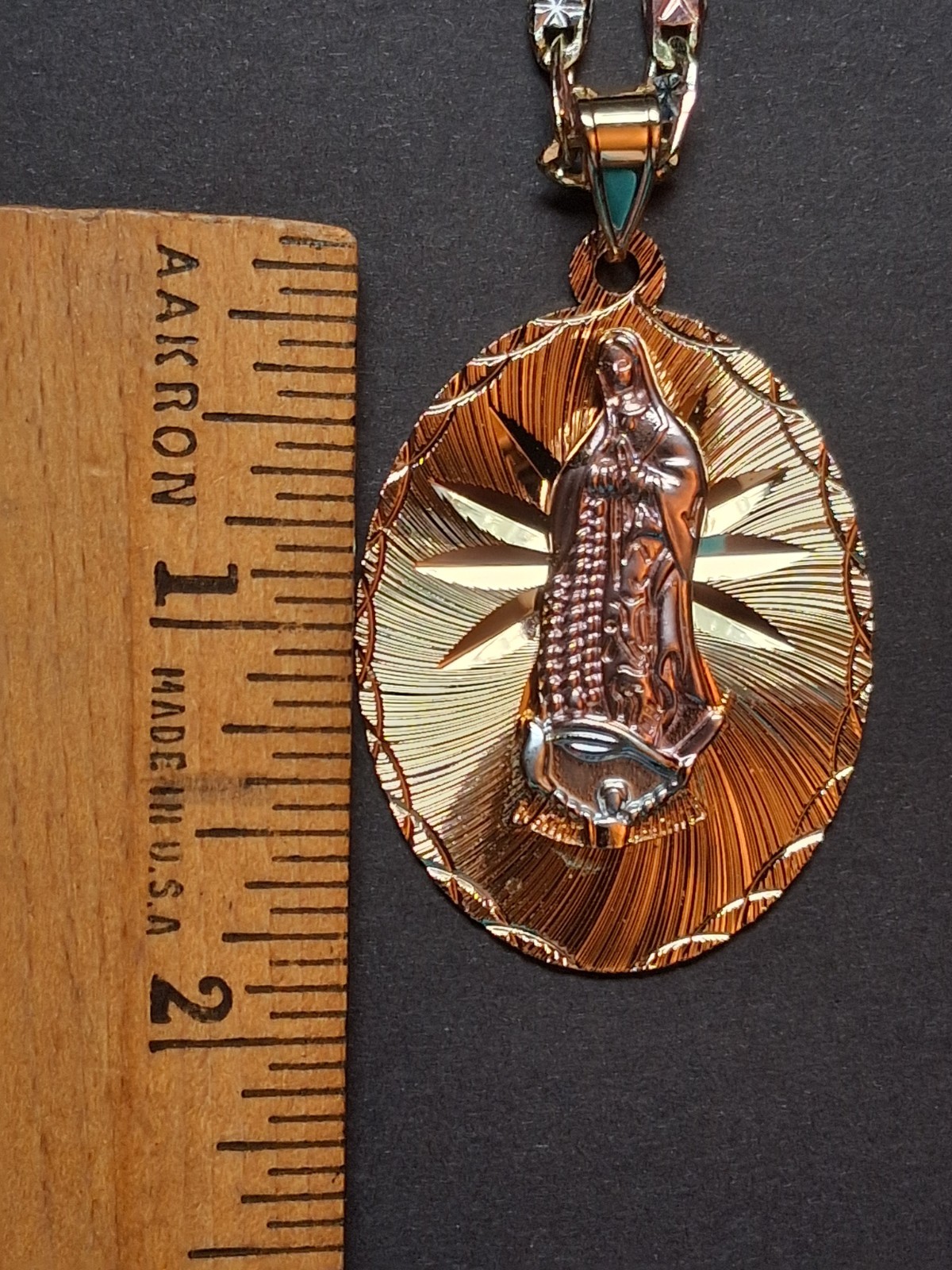Virgin of Guadalupe Pendant, 24″ Valentino Link Chain, Gold-Plated & Tri-Tone