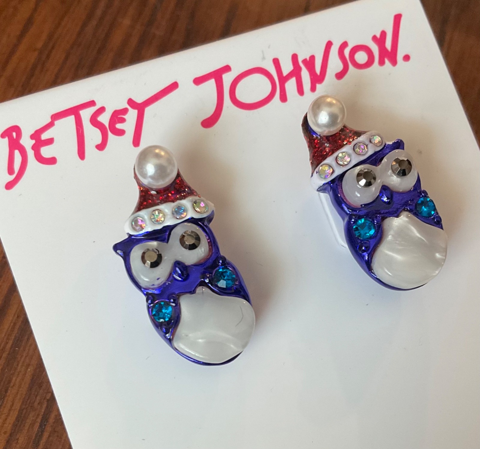 Betsey Johnson Blue Christmas Owl with Santa Hat Earrings Post Stud Faux Pearl