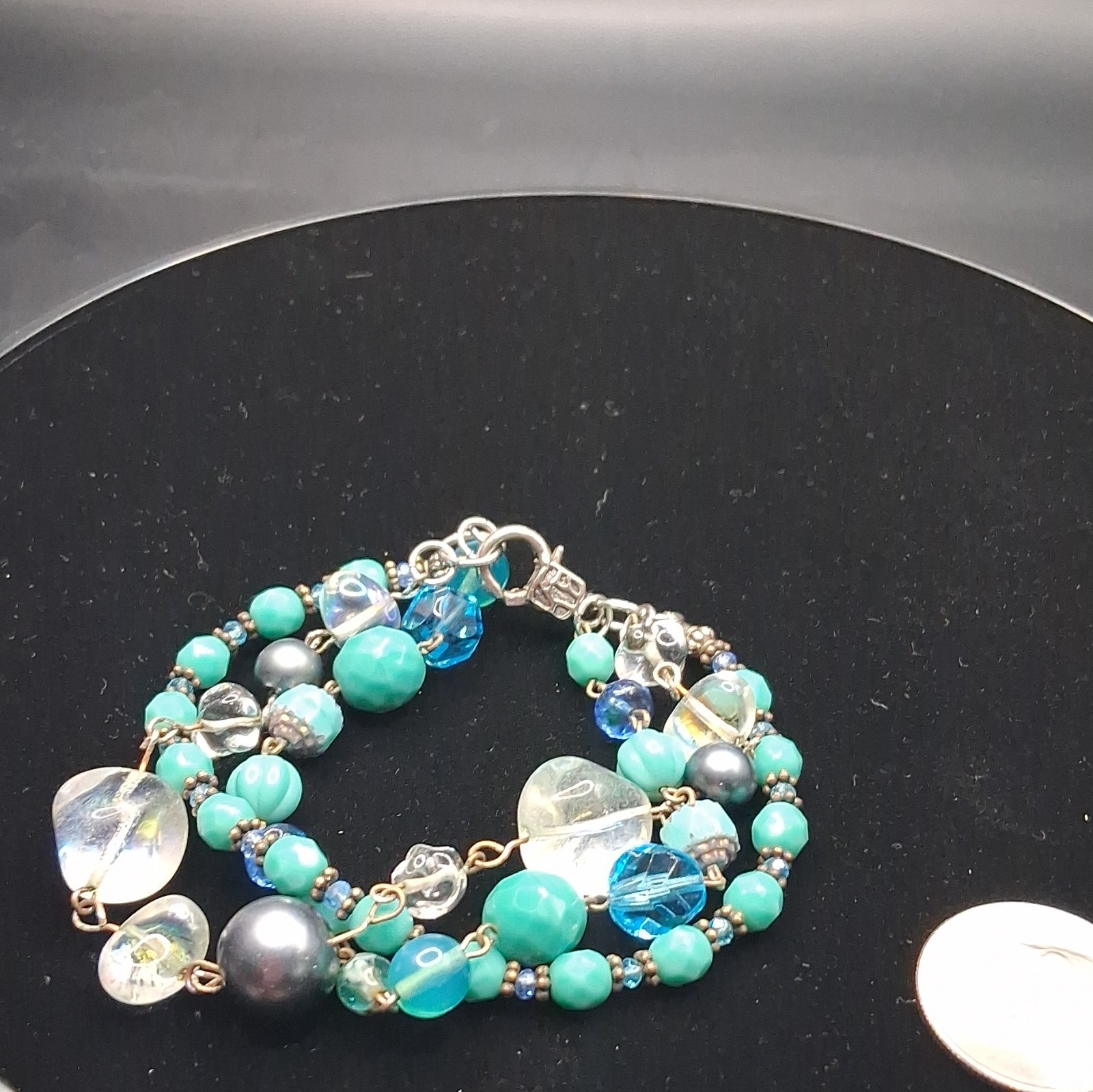 Blue Green Clear Glass Beaded Multi-Strand Cable Chain Bracelet Lobster