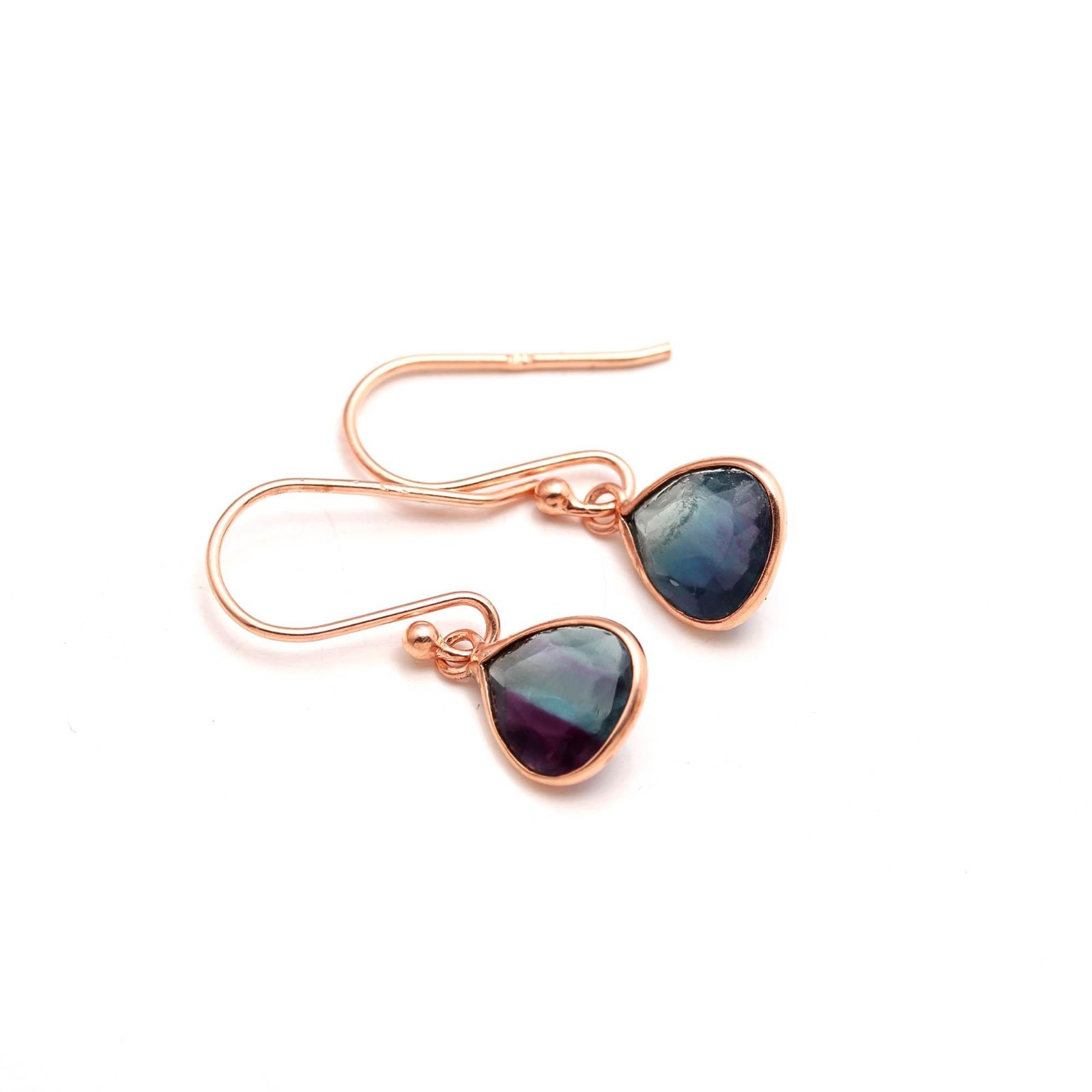 Natural Fluorite Heart Dangle Earrings Rose Gold Plated 925 Sterling Silver