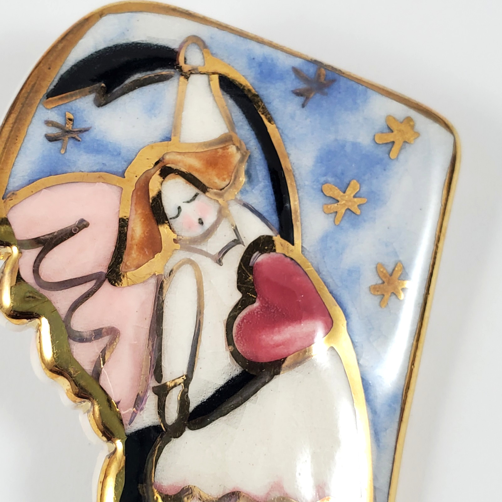 Vintage Angel Multicolor Ceramic Enamel Brooch-Celestial Heart & Stars Pin
