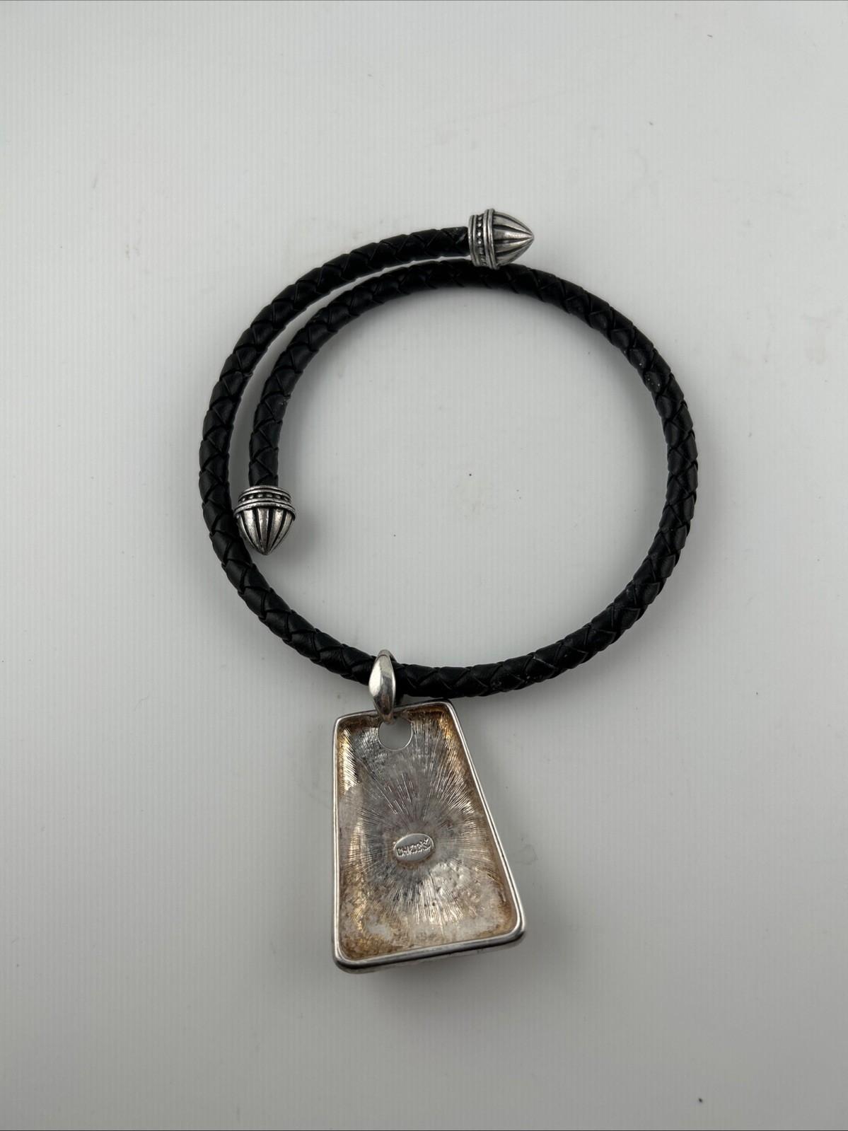 1992 CHICO’S Silver tone Bold statement pendant leather cord necklace