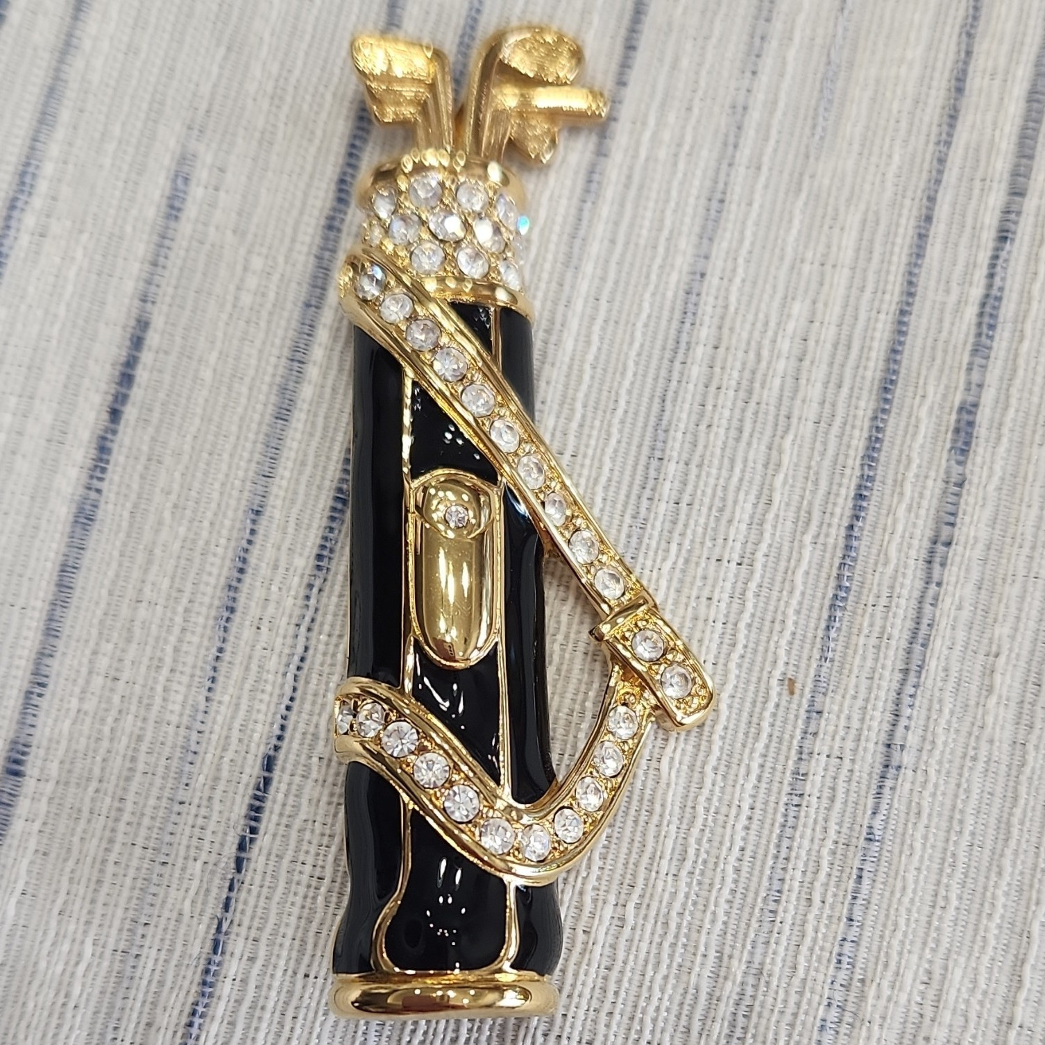 SWAROVSKI Golf Bag Brooch Gold Tone Black Enamel Clear Crystal Rhinestones