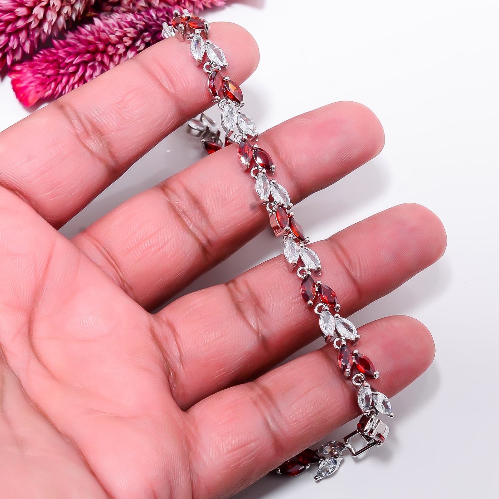 Red Garnet, White Topaz 925 Sterling Silver Adjustable Bracelet 7-8″ B141374