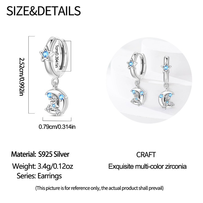 PANDACH 925 Sterling Silver Moon & Star Drop Earrings For Women Birthday Gifts