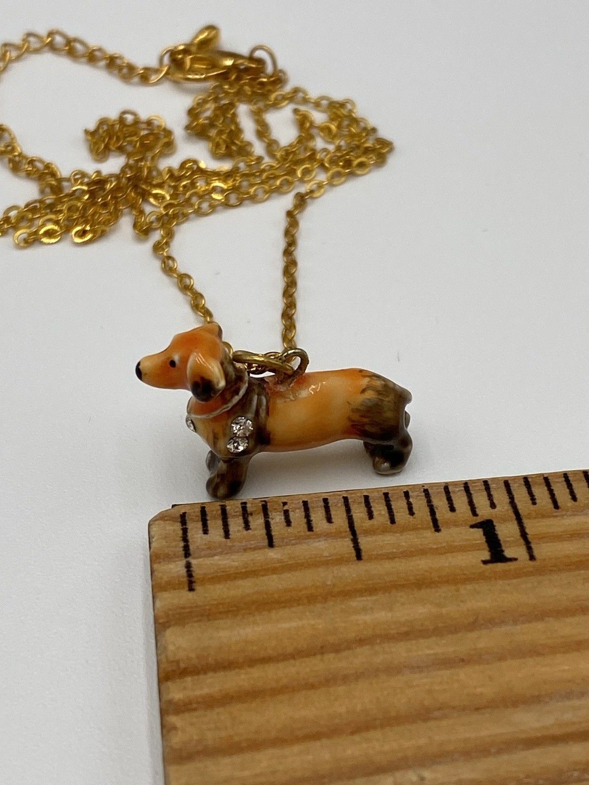 Enamel Ceramic Tiny Dachshund Pendant Necklace 20”