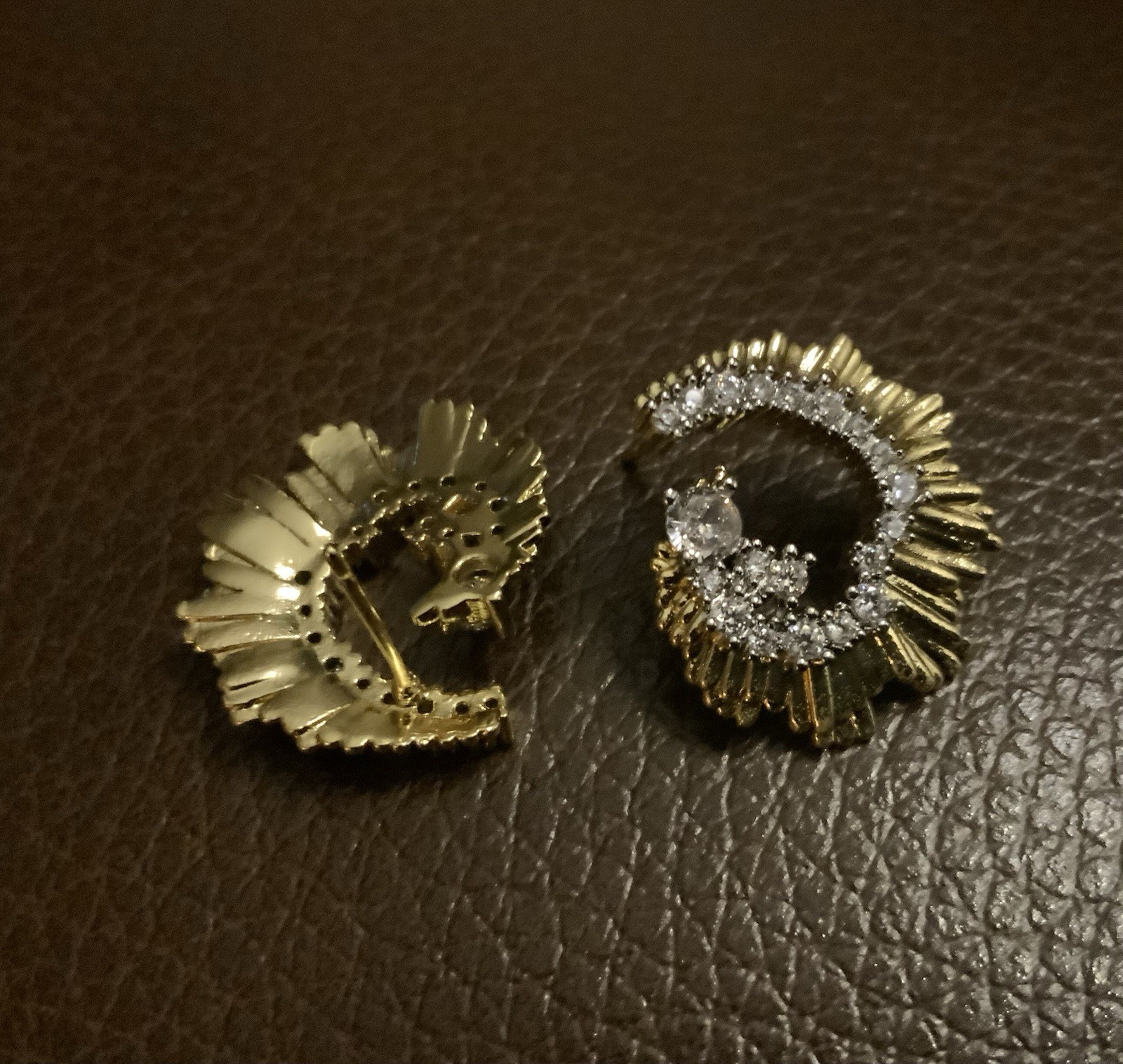 Art Deco Hoop Earrings Gold Solanales Molten Sunburst Boho Fan CZ Sculptural VTG