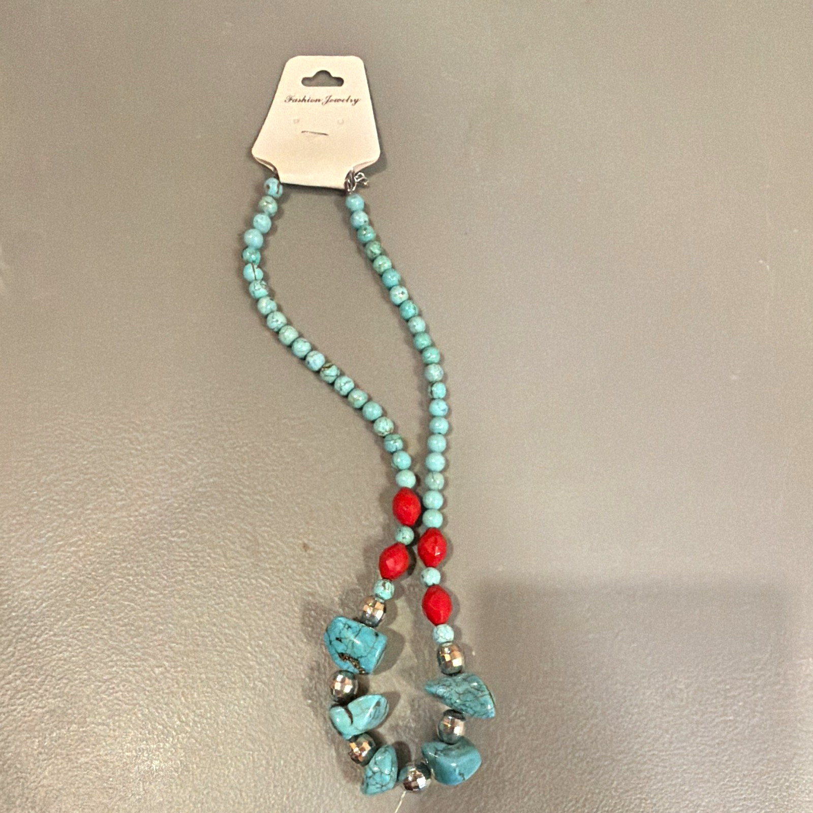 Turquoise Blue Beaded Necklace Red Accent Beads Silver Tone Lobster Closure