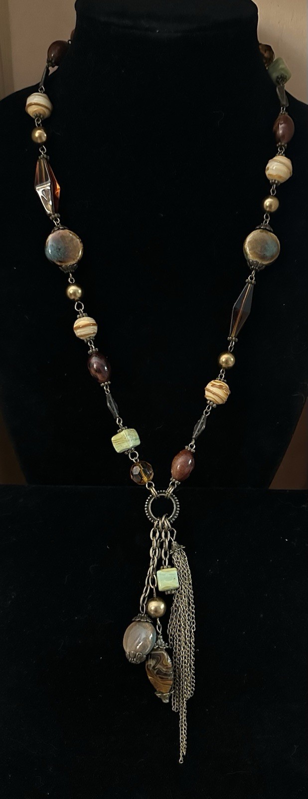 Bohemian Long Tassel Necklace Earth Tones Beaded Mixed Materials 26-29”