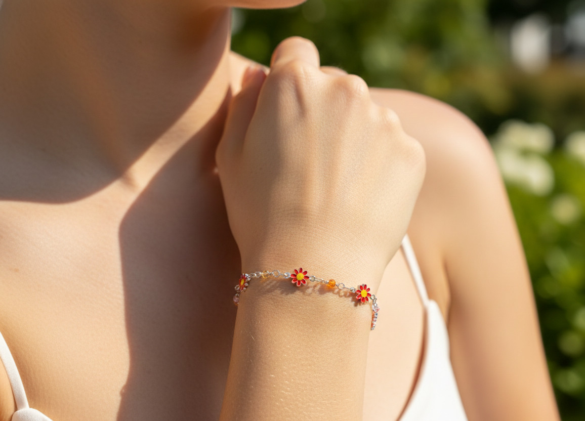Floral Charm Bracelet 925 Silver Tone Chain Bracelet with Colorful Enamel Dasiy