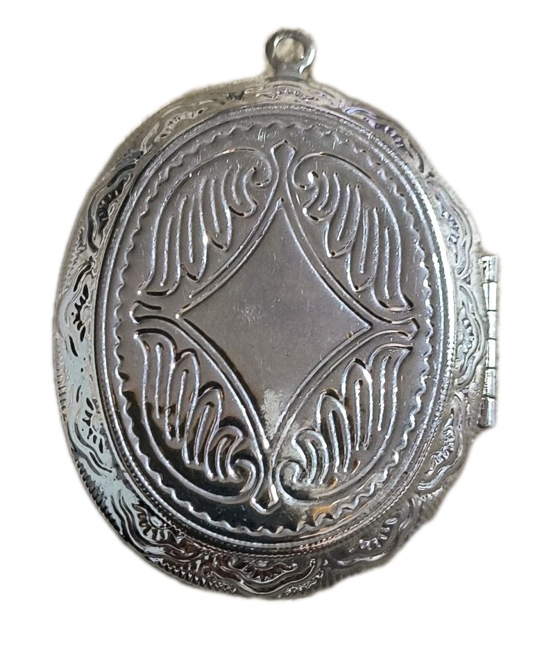 Opalite Locket W Bird Filagree SilverPlated Ornate Oval Pendant 2″ Statement Gem