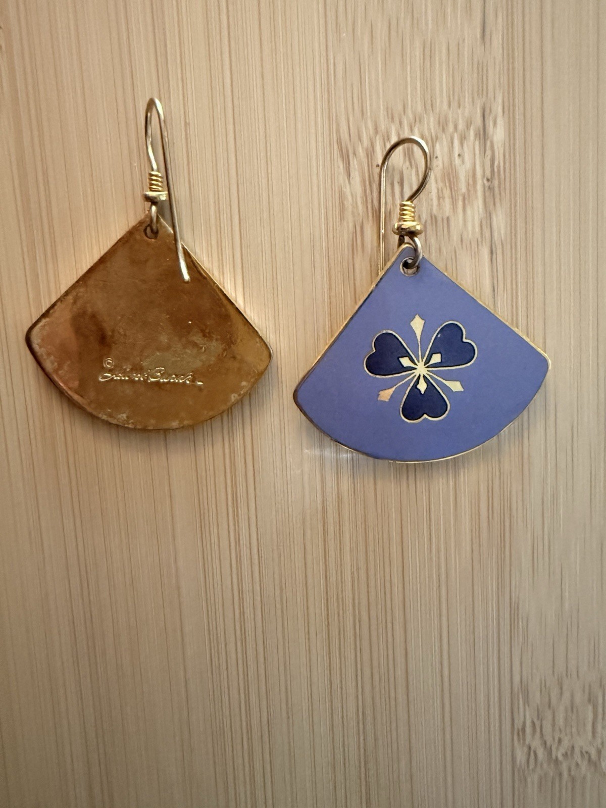 Laurel Burch Signed Blue/Gold Enamel Fan Floral Dangle Hook Earrings 80s