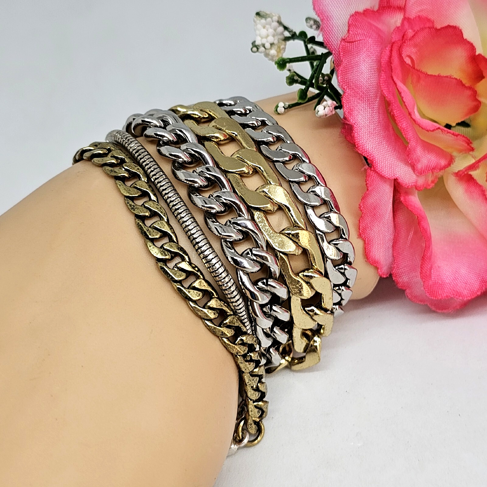 Jenny Bird Cuff Mixed Metal Cuff Bracelet Stacked Layered Chain Modern Jewelry