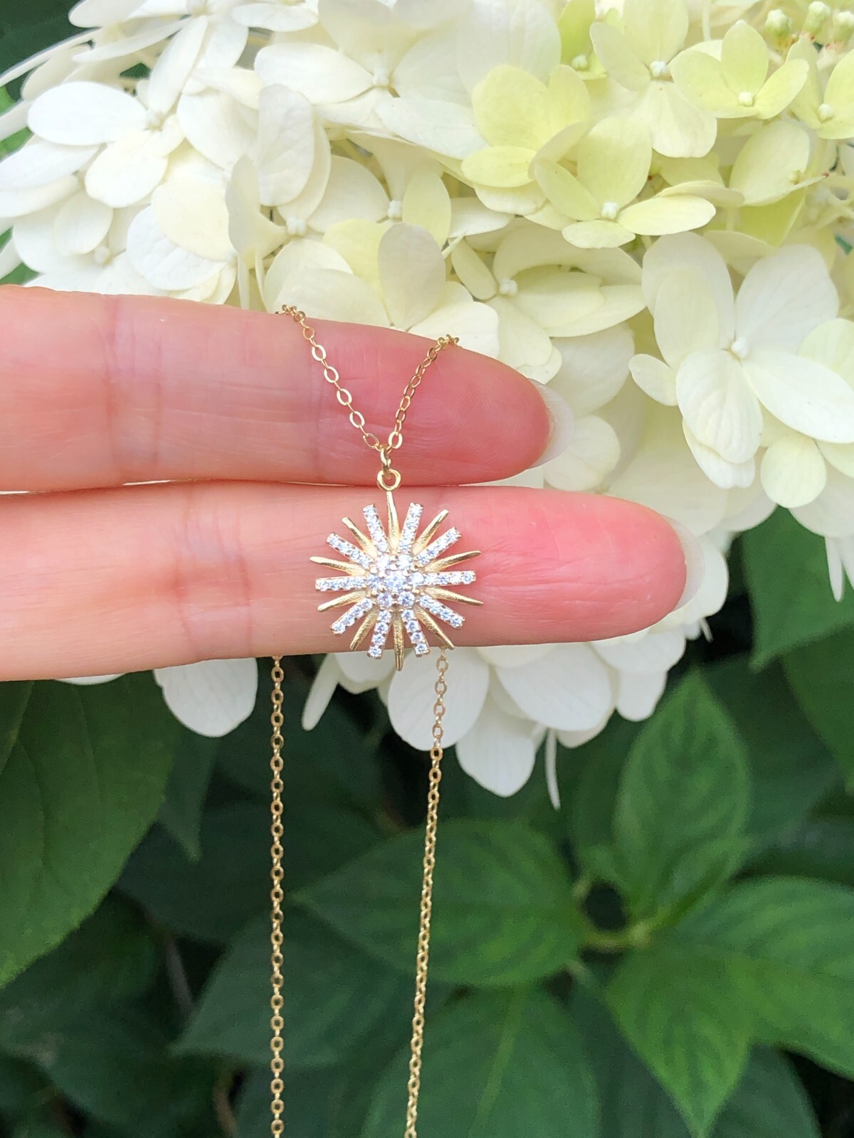 925 Sterling Silver CZ Gold Sunburst Sun Pendant Necklace Women 15mm 16-18″ Tiny