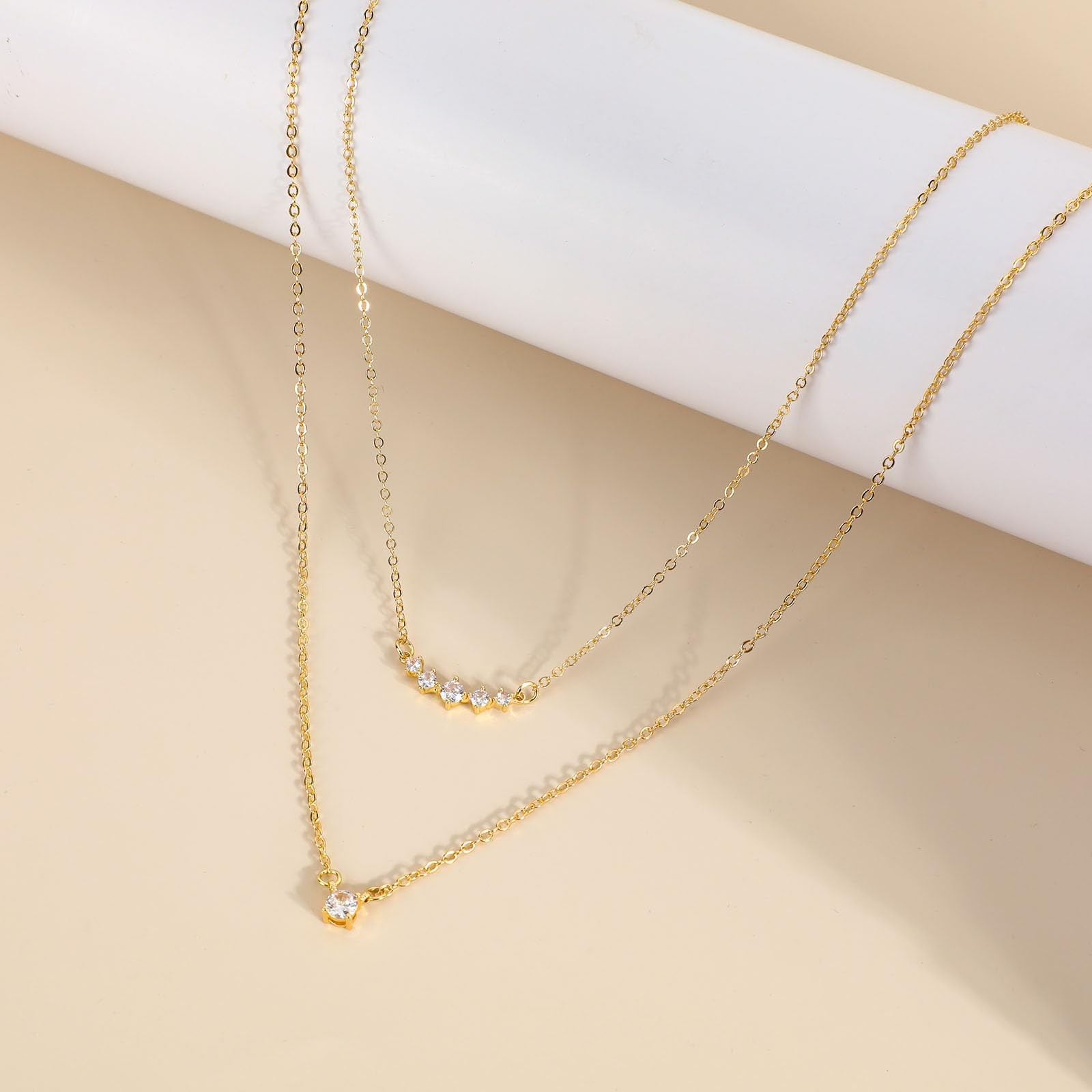 Mikovivi Stackable Zircon Necklace for Women, Adjustable, Gold, 2pcs