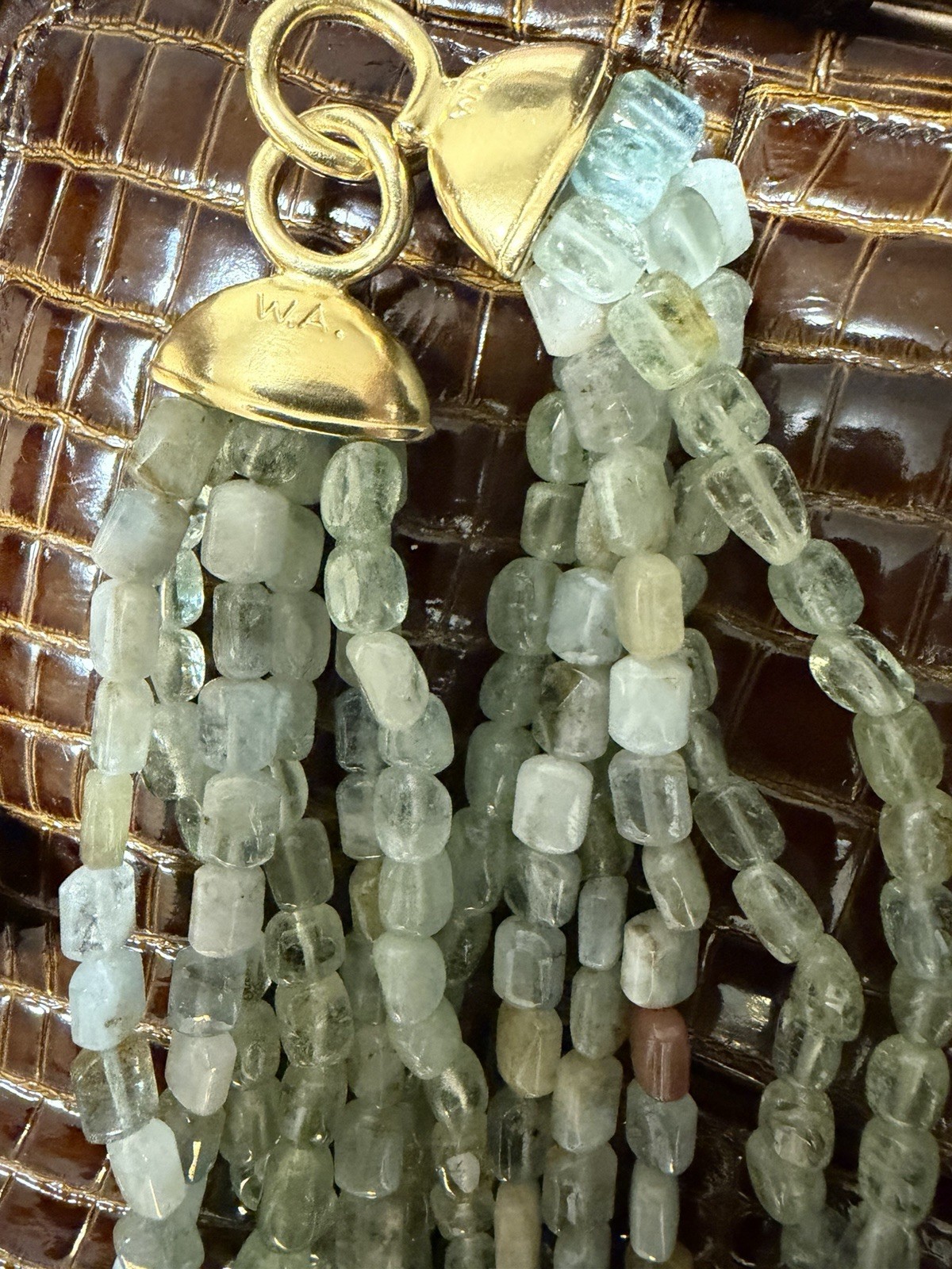 Multi-Strand Green /blue Aquamarine Beaded Necklace, Gold Tone End Caps Hook