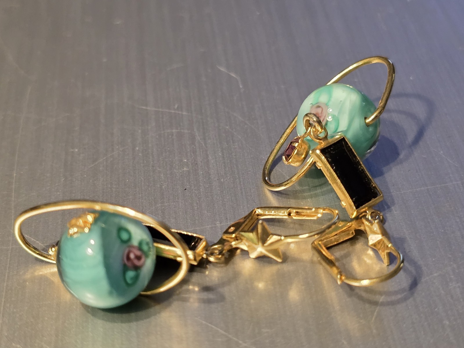 Solar System Earrings Celestial Planets Orbit Gold Tone Dangle Jewelry Preowned