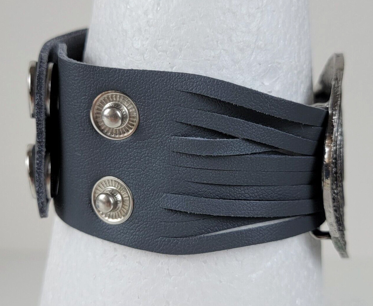 Gunmetal Tone Medallion Charm Gray Leather Cuff Bracelet 7.5-8.5 In
