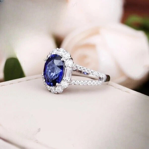 3.60 Ct Natural Blue Sapphire Diamond Wedding Ring 14K Solid White Gold Size 5.5