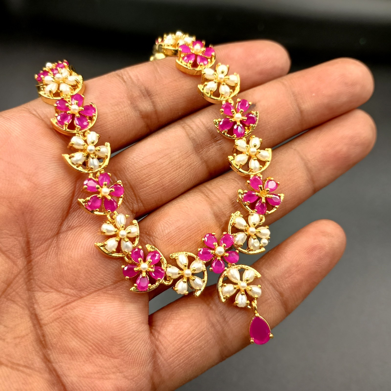 Traditional 22K Gold Plated Floral Ruby Pearl Necklace Set Statement Jewelry