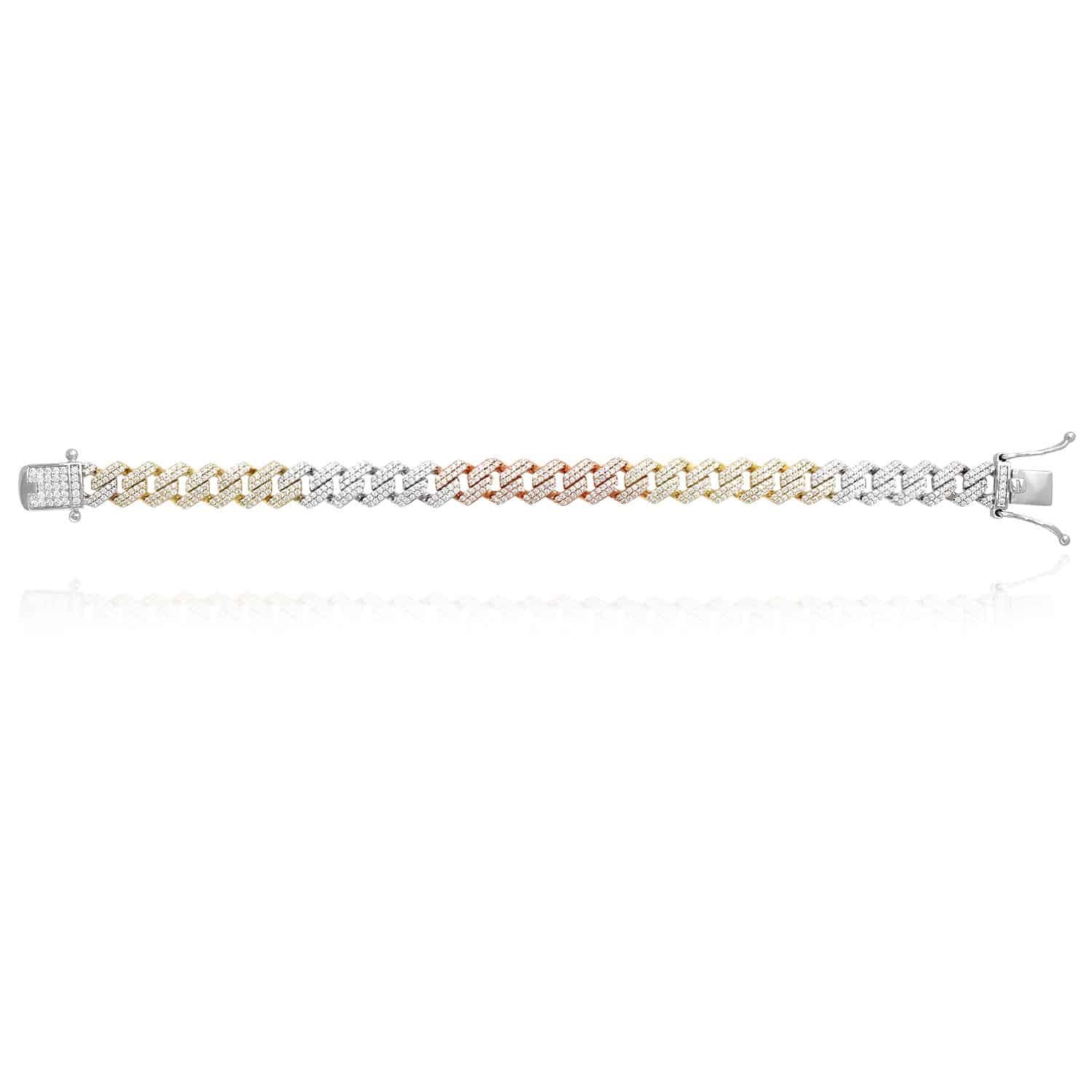 Tri-Color Gold Over Silver 8.5mm Miami Cuban CZ Bracelet (Solid Links) 7″-9″