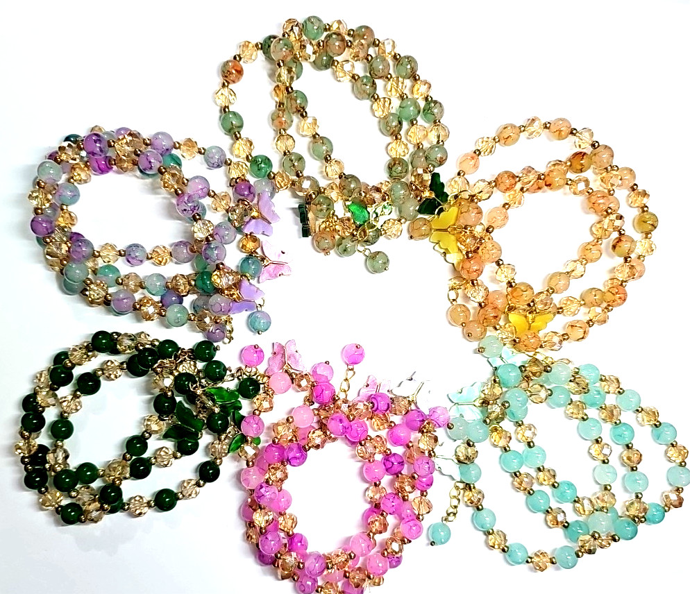 Glass Bead Bracelet w/ Butterfly Charm & Dangling Bead Mix & Match from 6 Colors