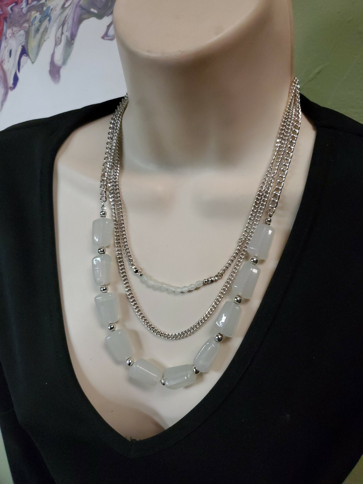 Silver Tone Multi Chain Layered Necklace with Clear White Style & Faceted Beads