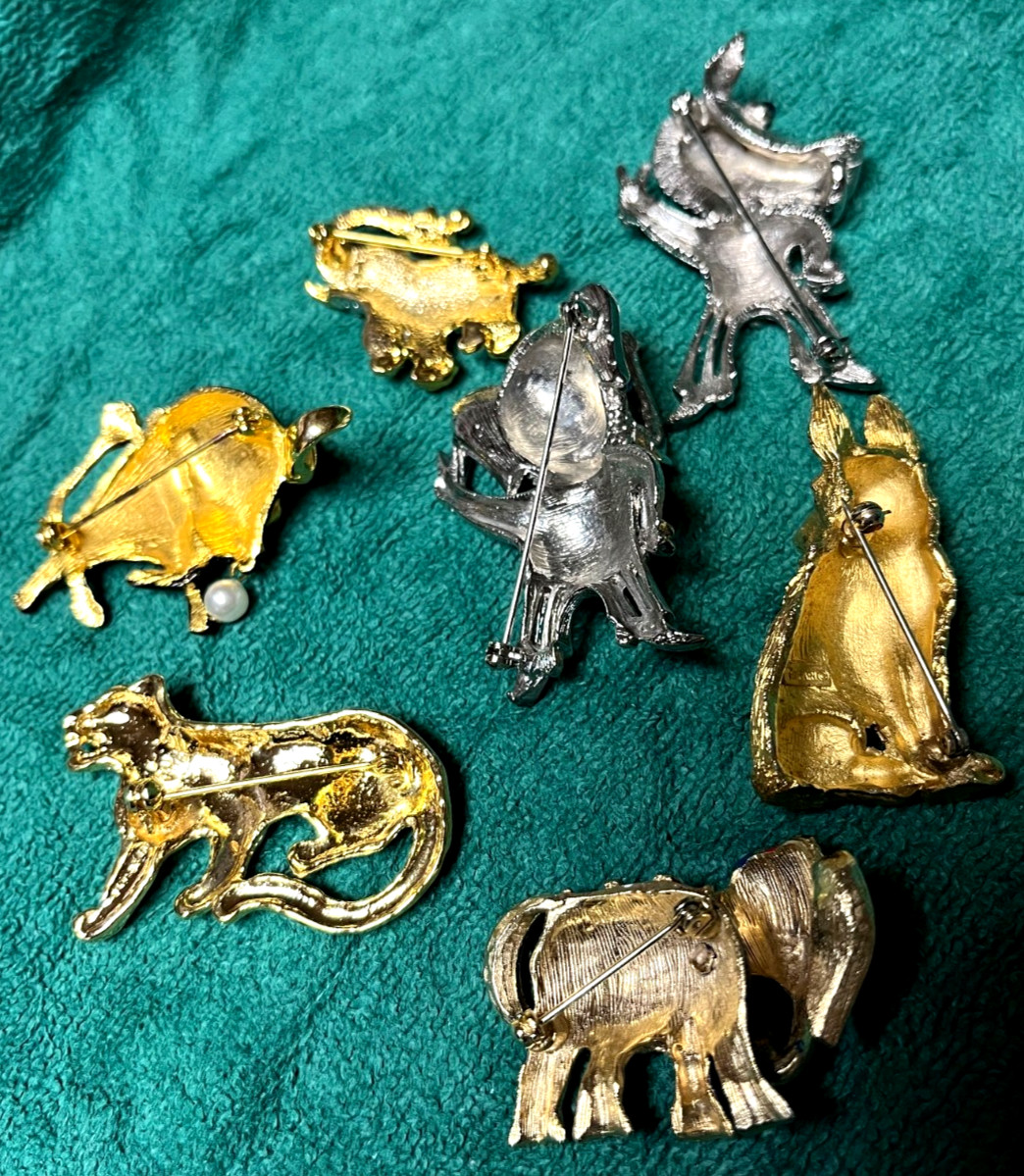 Unique Metal Animal Pins, Lot of 7, Elephants (3), Leopard, Bull, Donkey, Dog
