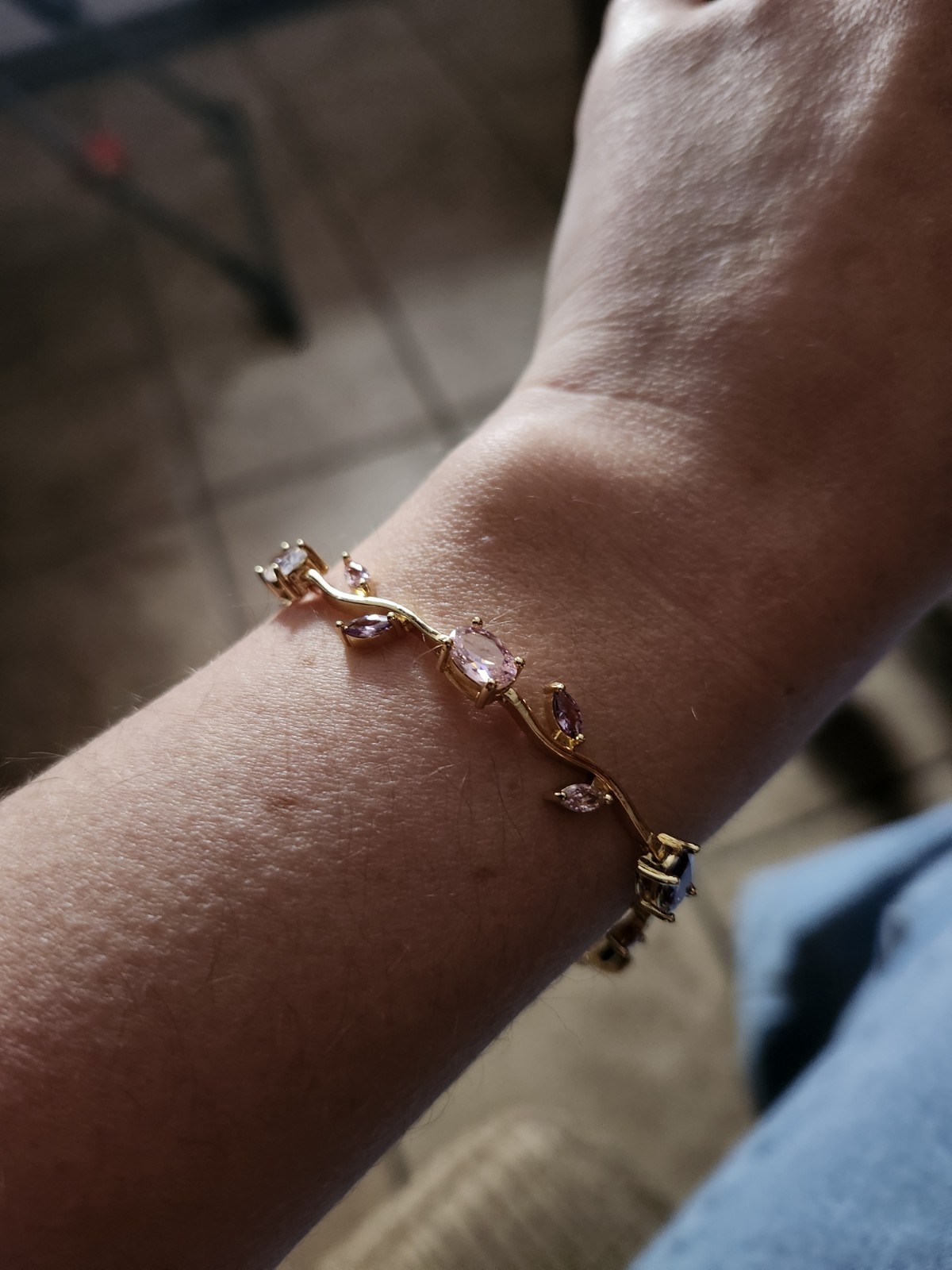 Gold Tone Tennis Bracelet Pink Purple Clear Stones Leaf Nature Theme