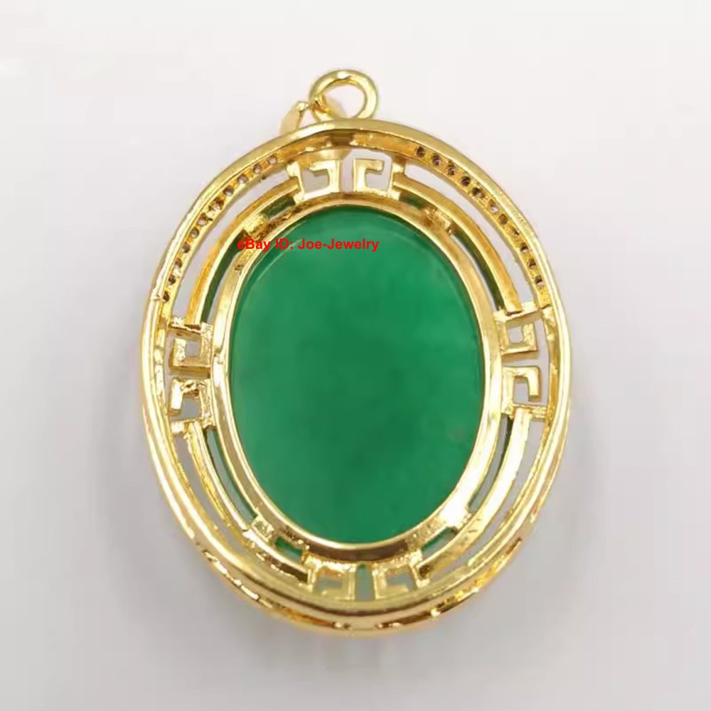 New Yellow Plated Alloy Heated Oval Green Jade Pendant 40mm H Bright