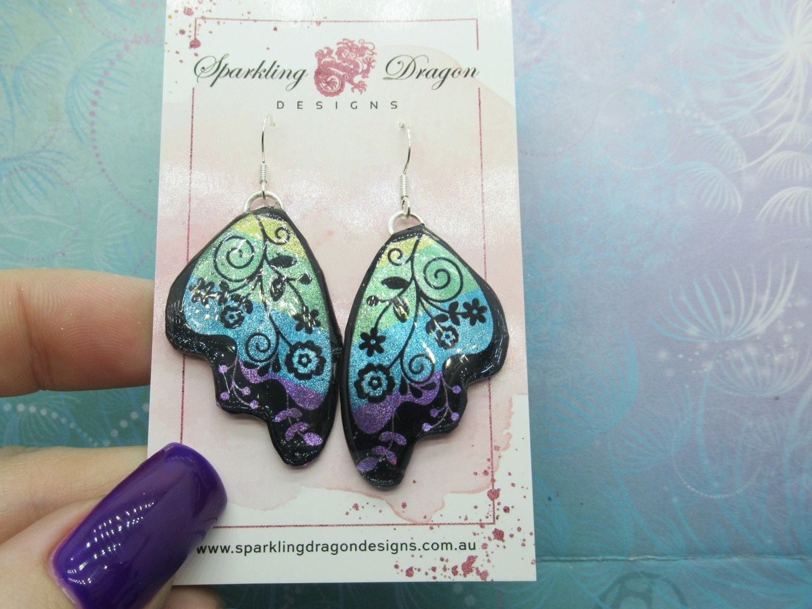 Butterfly Earrings Pale Blue & Green with Flowers – Fairy Jewellery, Gift for