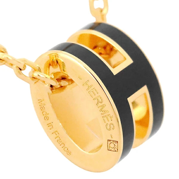 New Auth HERMES MINI POPH Necklace Palladium Lacquer H147992F Pendant Black Gold
