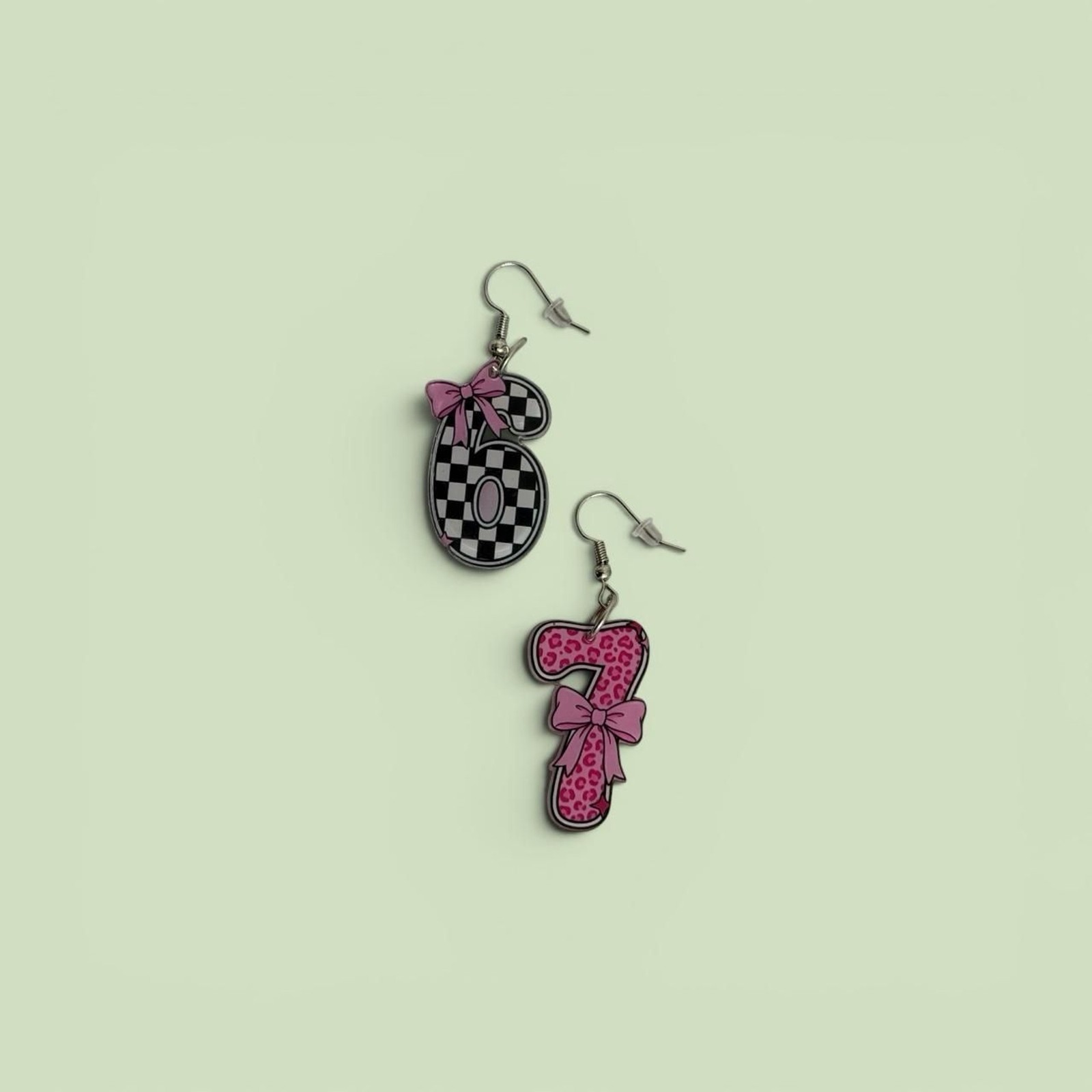 Coquette Aesthetic Number “67” Earrings Pink Bow & Checkerboard Dangle