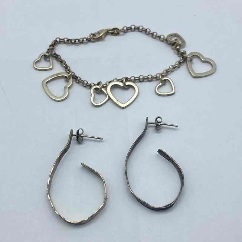 Sterling Silver 925 Heart Charm Bracelet and Hoop Earring Set 15.7g