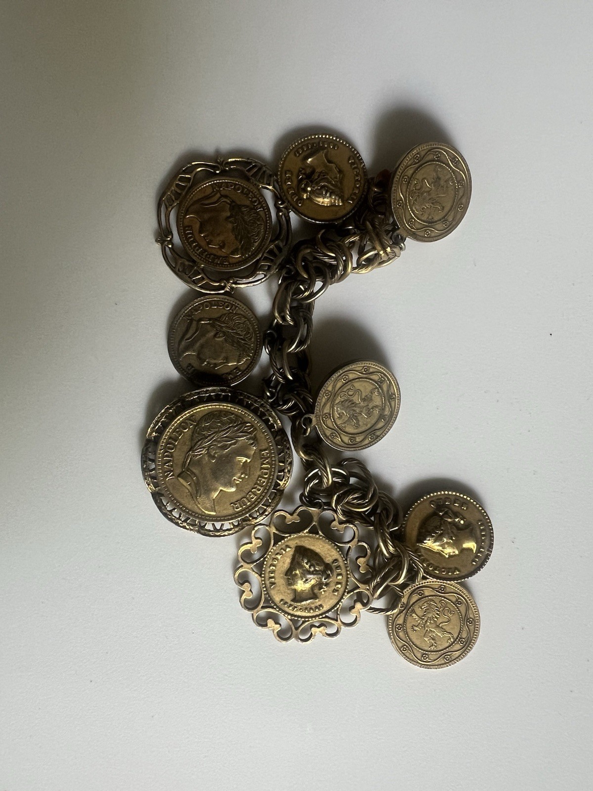Mixed Metal Gold & Silver Tone Coin Dangle Charm Oval Link Chain Bracelet