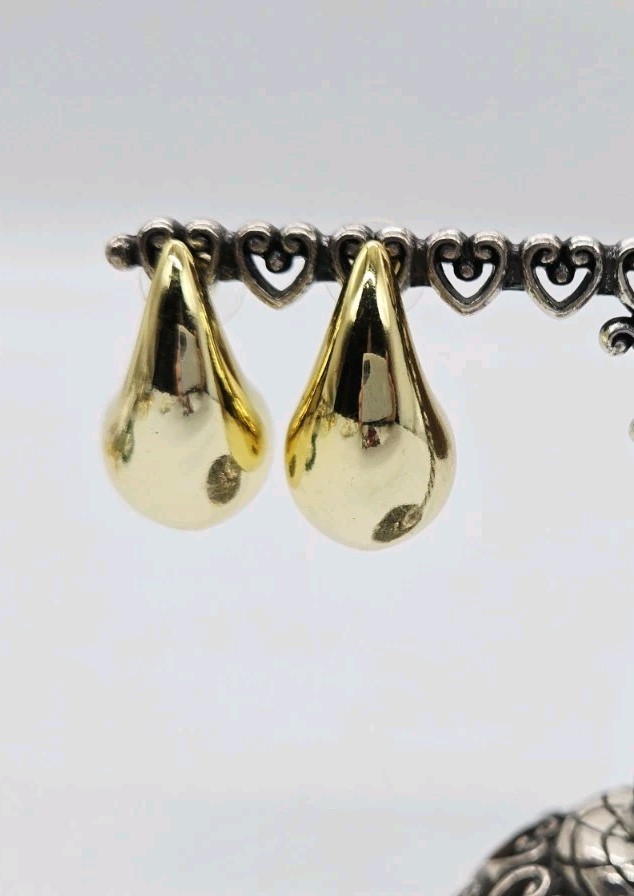 Teardrop Earrings Yellow Gold Plated Hollow Chunky Push Back Post 1.25 in