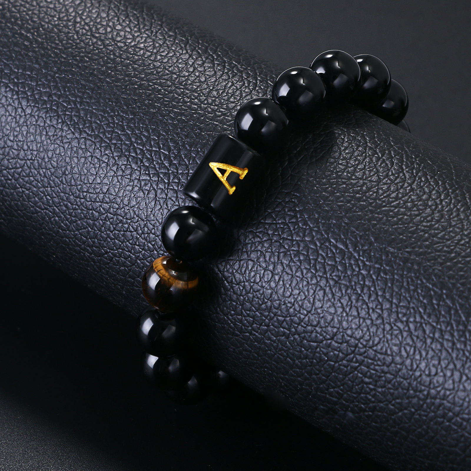 Initial Letter Bracelet For Men Black Onyx Tiger Eye Stone Beads Bracelet 10mm