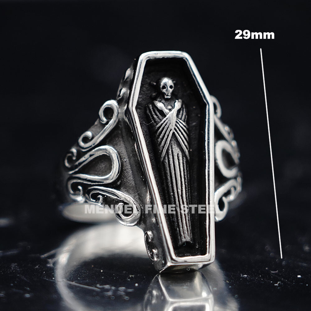 MENDEL Gothic Mens Stainless Steel Coffin Shaped Punk Biker Skull Ring Size 7-15