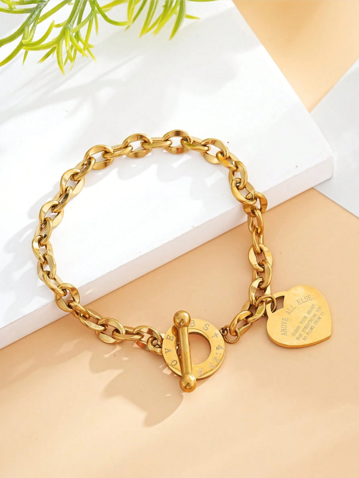 Womens Stainless Steel Heart Charm Toggle Bracelet Proverbs 4:23 Christian Gift