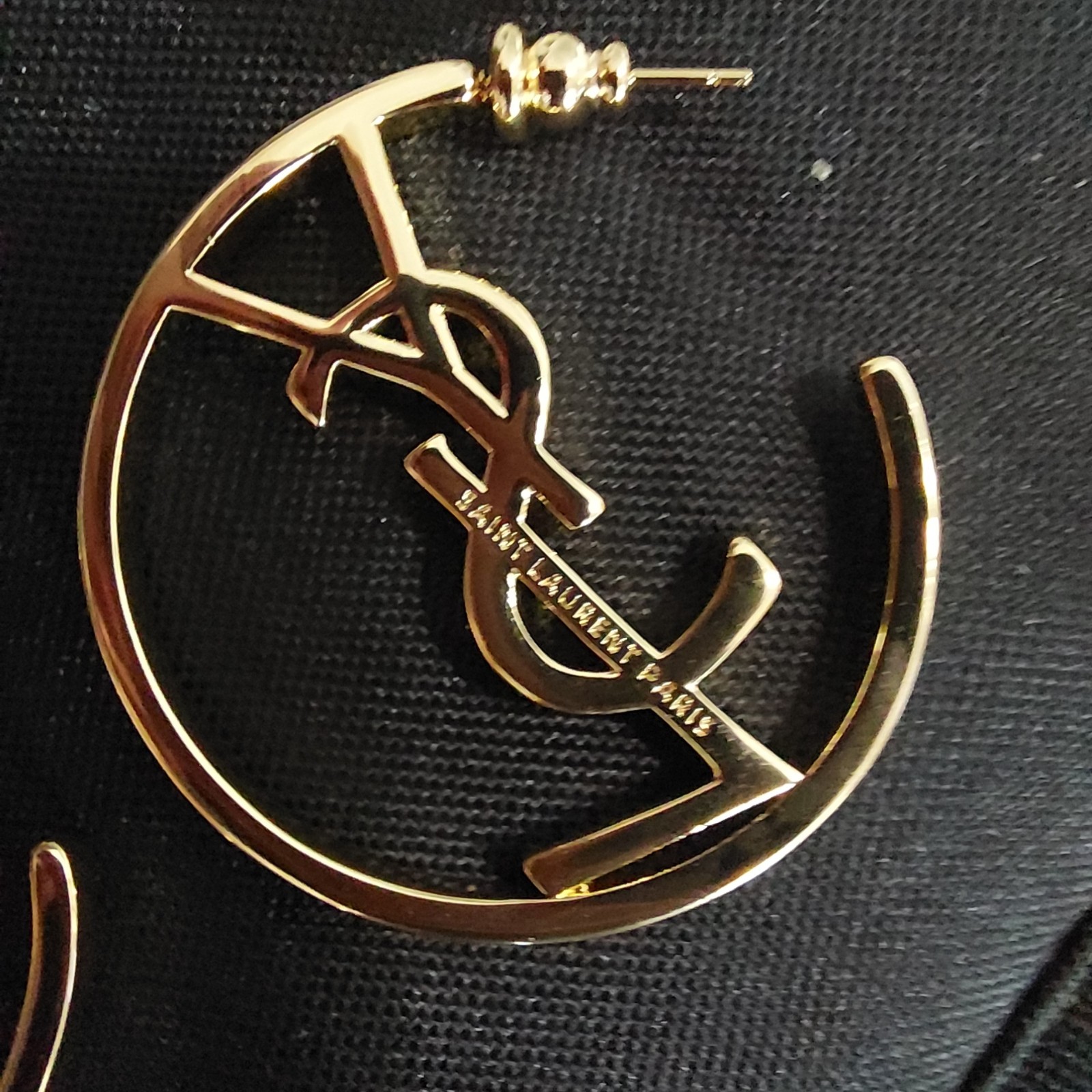 Auth. YVES SAINT LAURENT YSL LOGO Large HOOP EARRINGS Gold Tone