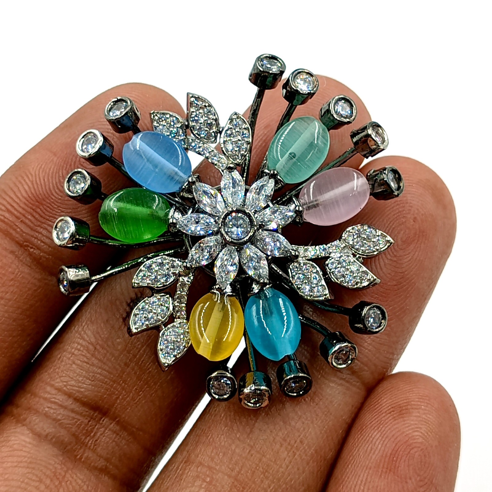 Handmade Multi Stone Ring Adjustable Cubic Zirconia Black Rhodium Plated Boho
