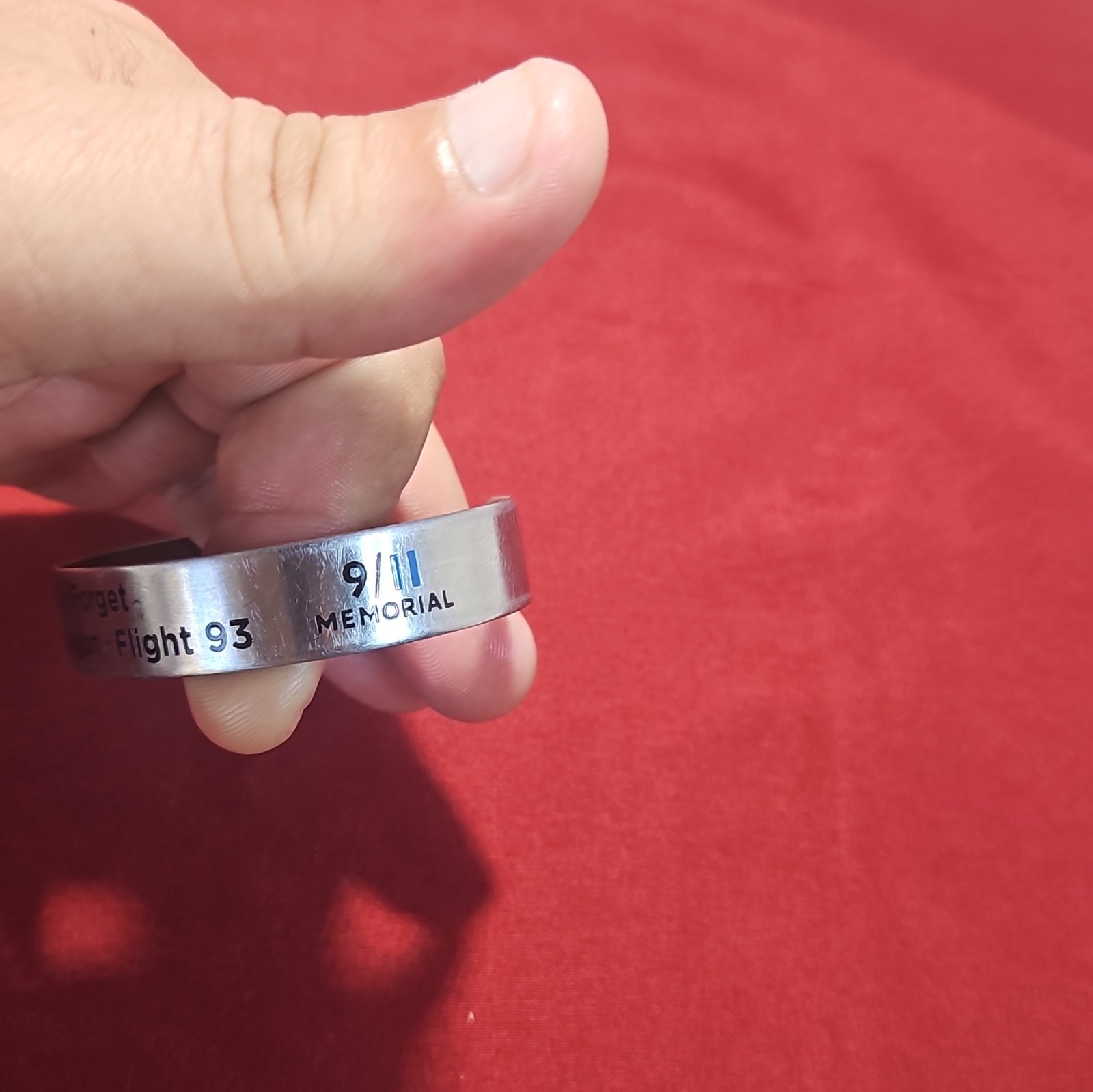Silver Tone Engraved Cuff Bracelet, 9/11 Memorial Never Forget WTC Flight 93
