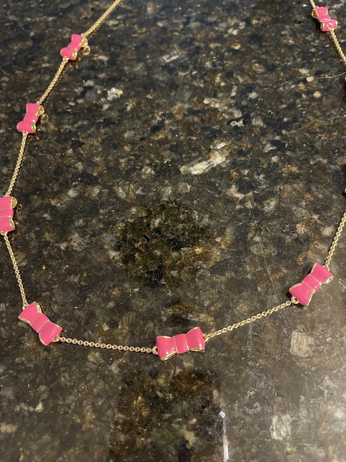 Kate Spade Gold Tone Cable Chain Necklace 30in Pink Enamel Bow Stations