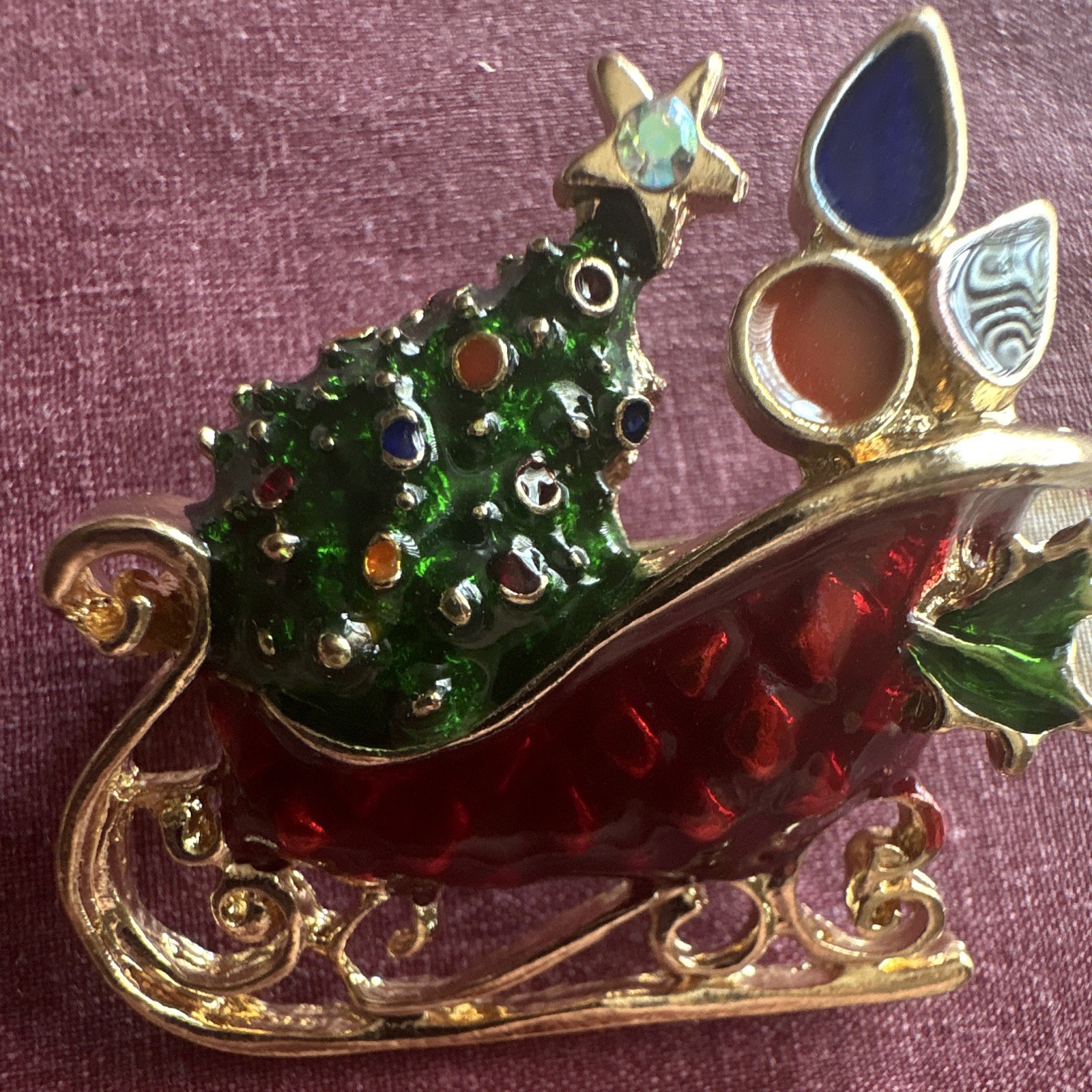 Christmas Sleigh Tree Brooch Pin Gold Tone Enamel Red Green Blue Rhinestones
