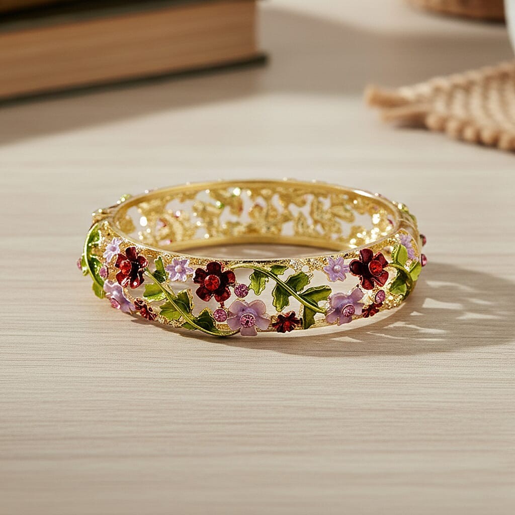 Red Pink Crystal, Multi Color Enameled Floral Bangle Bracelet Goldtone 7-7.5In