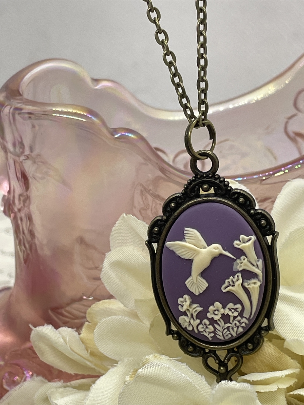 Purple Bronze Hummingbird Necklace Pendant Cameo Mom Daughter Birthday wedding