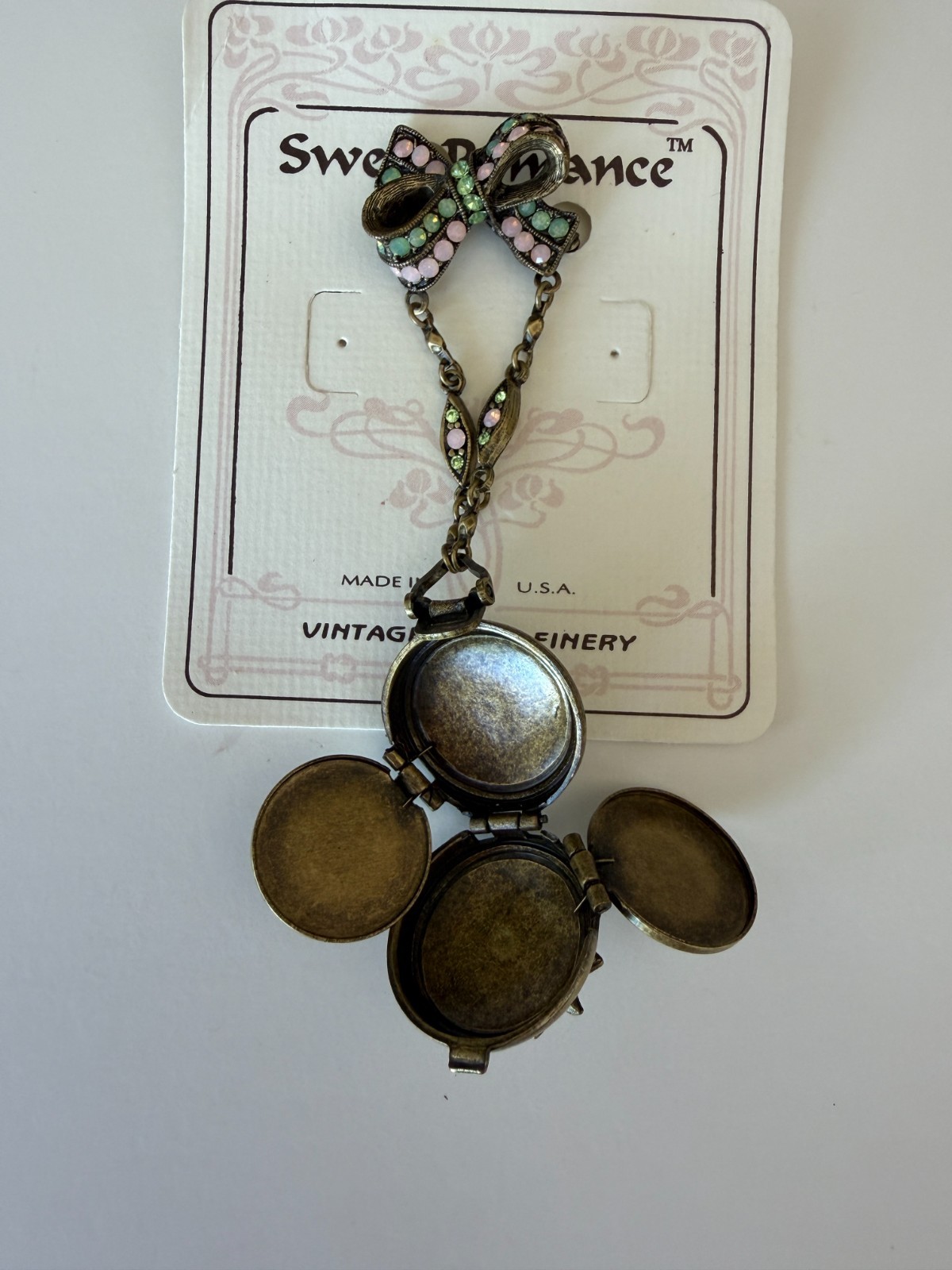 Sweet Romance USA Bronze Bow with Hanging Double Crystals Locket Pin Brooch